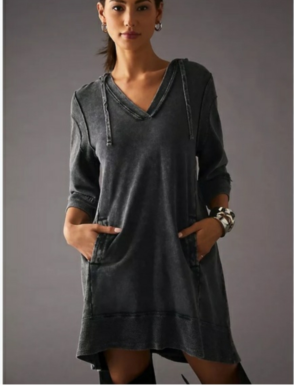 Anthropologie Daily Practice Black/grey V-Neck Hoodie Tunic Dress - S